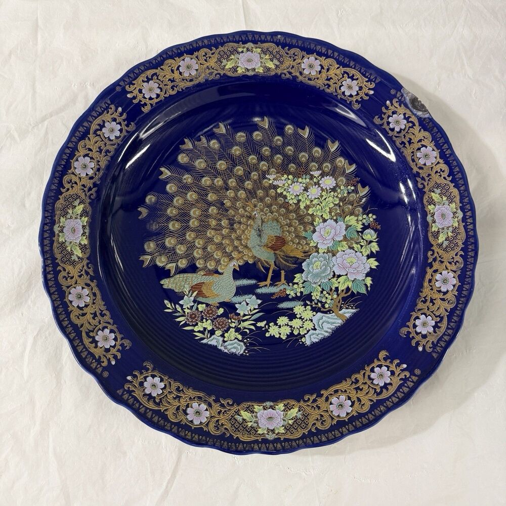 Vintage Large Moroccan TAOUS Blue Hand-Painted Porcelain Peacock Plate 14 Inches